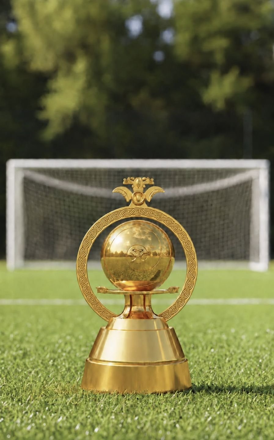 Trofeo de la Escuela Kempes sobre el césped, frente al arco