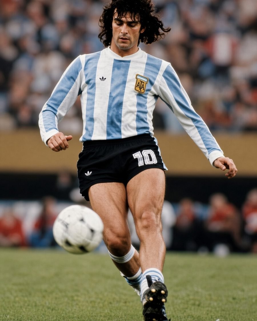 Mario Alberto Kempes en acción con la camiseta de Argentina, 1978